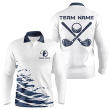 Load image into Gallery viewer, Blue and White Mens golf polo shirts custom golf attire for mens, personalized golf gifts NQS9376