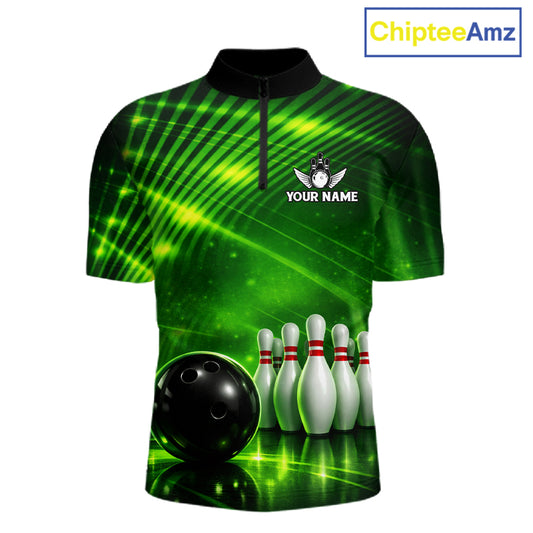 Green Light Bowling Polo, Quarter Zip Shirts For Men Custom Bowling Team Jerseys, Gift For Bowlers NQS11737
