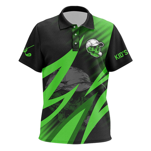 Black and green golf skull Kid golf polos shirt custom golf outfits for Kid, cool golf gifts NQS7463
