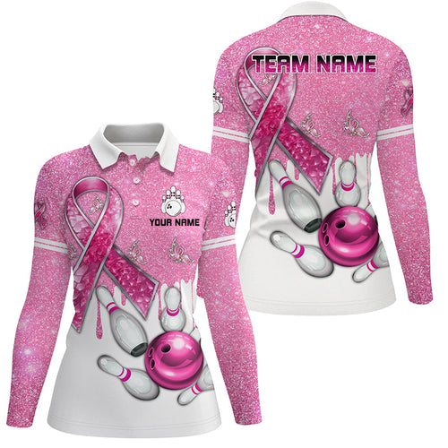 Pink ribbon glitter Bowling Shirts For Women Custom team bowling jerseys, breast cancer bowling shirts NQS8251