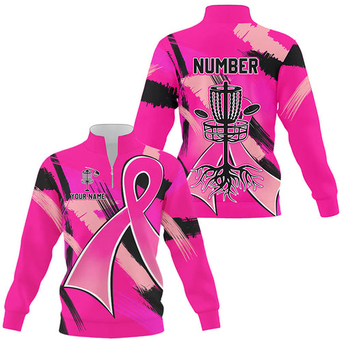 Pink ribbons Breast Cancer Quarter zip golf sweatshirt custom team breast cancer disc golf sweater NQS8702
