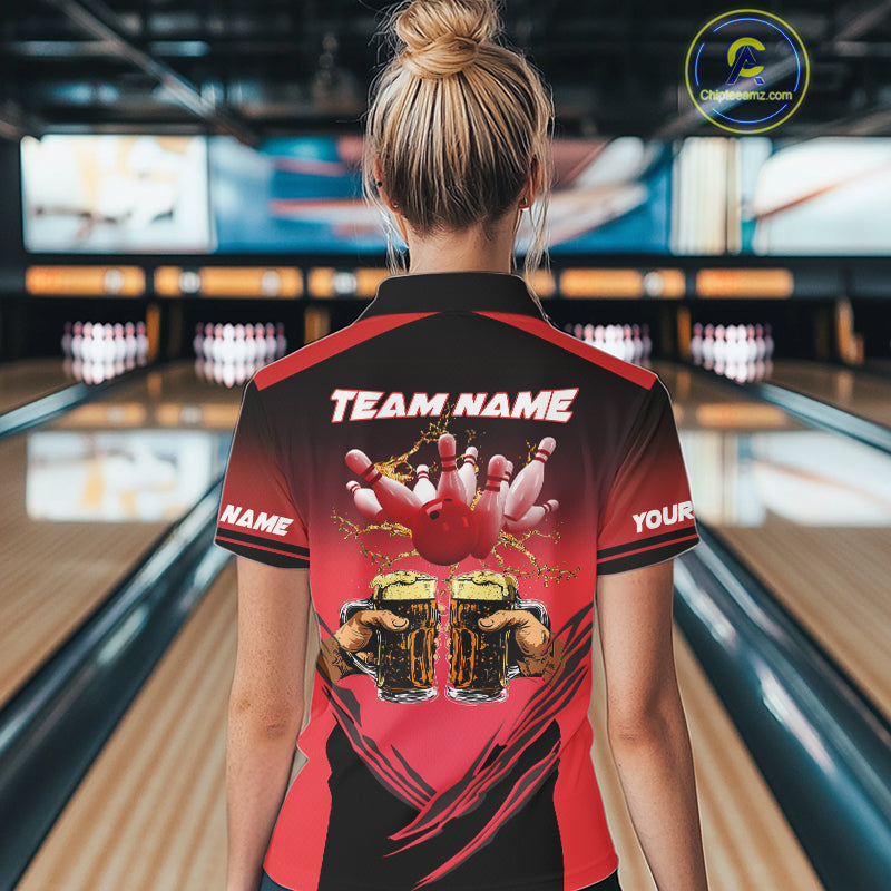 Bowling Beer Black and Red Bowling Polo, 1/4 Quarter zip shirts Custom Women Team Bowling jerseys NQS10873