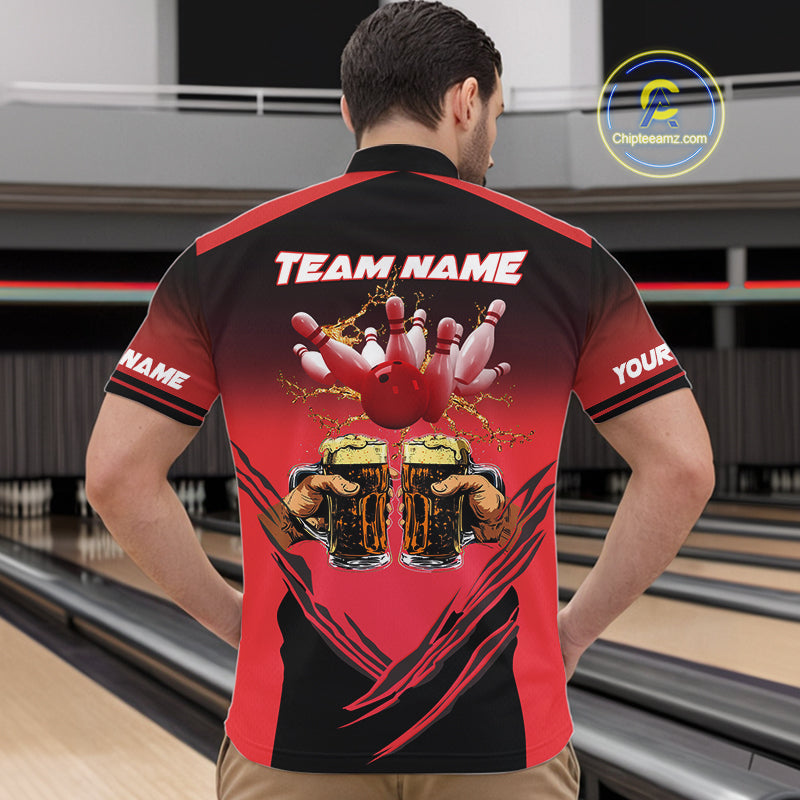 Bowling Beer Black and Red Bowling Polo, 1/4 Quarter zip shirts Custom Mens Team Bowling jerseys NQS10873