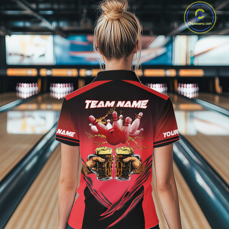 Bowling Beer Black and Red Bowling Polo, 1/4 Quarter zip shirts Custom Women Team Bowling jerseys NQS10873