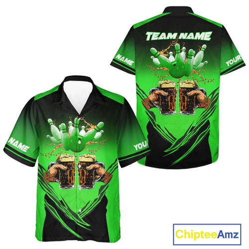 Bowling Beer Black and Green Bowling Hawaiian Shirt Custom Team Bowling button up shirt NQS10874