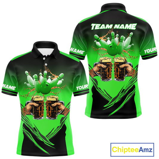 Bowling Beer Black and Green Bowling Polo, 1/4 Quarter zip shirts Custom Mens Team Bowling jerseys NQS10874