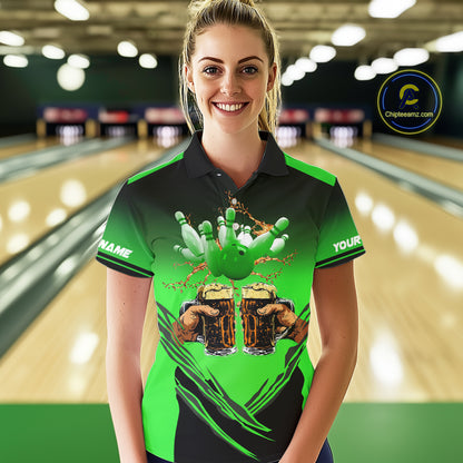 Bowling Beer Black and Green Bowling Polo, 1/4 Quarter zip shirts Custom Women Team Bowling jerseys NQS10874