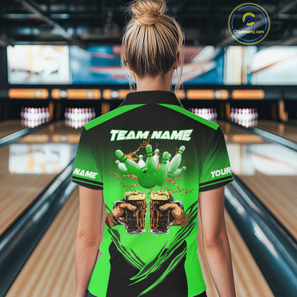 Bowling Beer Black and Green Bowling Polo, 1/4 Quarter zip shirts Custom Women Team Bowling jerseys NQS10874
