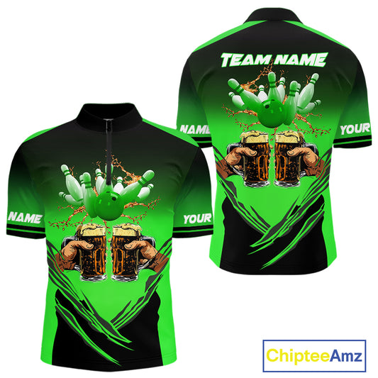 Bowling Beer Black and Green Bowling Polo, 1/4 Quarter zip shirts Custom Mens Team Bowling jerseys NQS10874