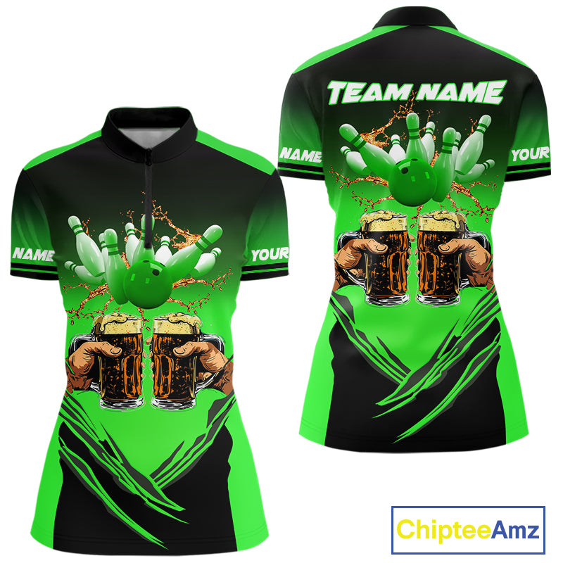 Bowling Beer Black and Green Bowling Polo, 1/4 Quarter zip shirts Custom Women Team Bowling jerseys NQS10874