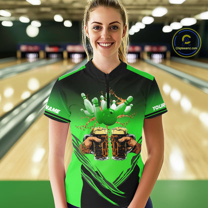 Bowling Beer Black and Green Bowling Polo, 1/4 Quarter zip shirts Custom Women Team Bowling jerseys NQS10874