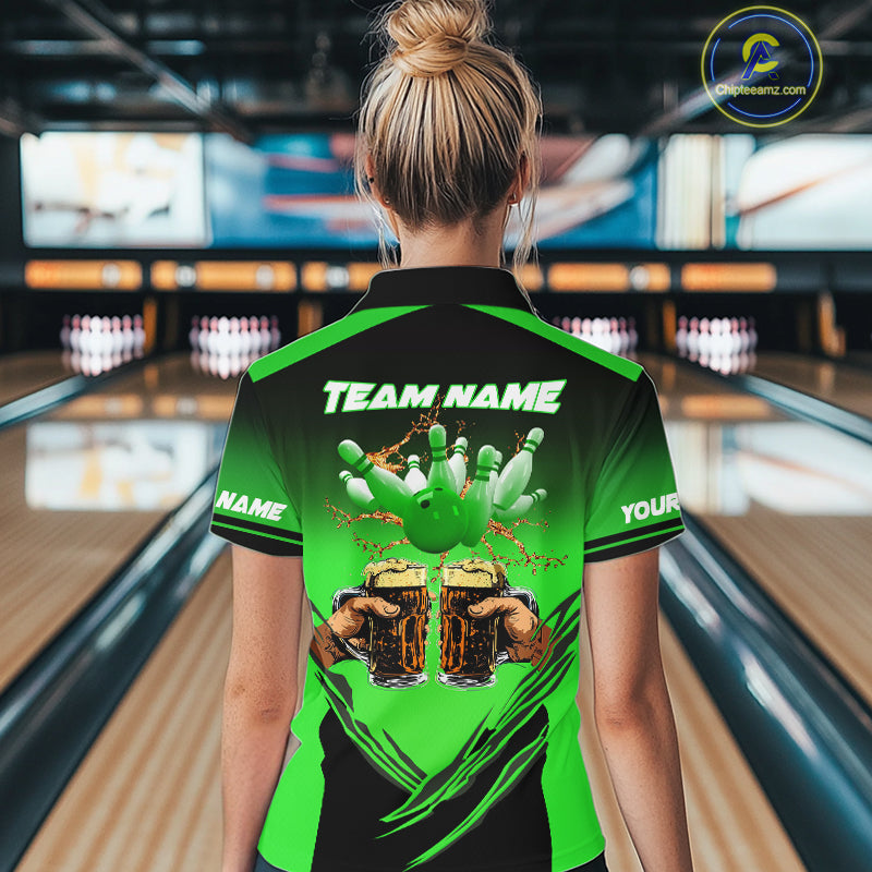 Bowling Beer Black and Green Bowling Polo, 1/4 Quarter zip shirts Custom Women Team Bowling jerseys NQS10874