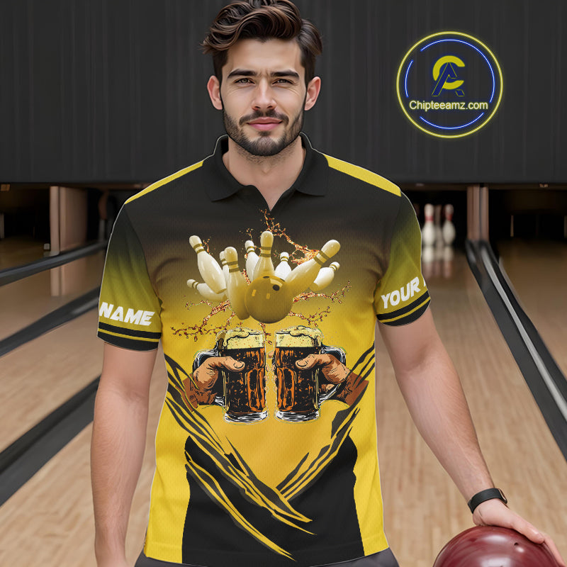 Bowling Beer Black and Yellow Bowling Polo, 1/4 Quarter zip shirts Custom Mens Team Bowling jerseys NQS10875