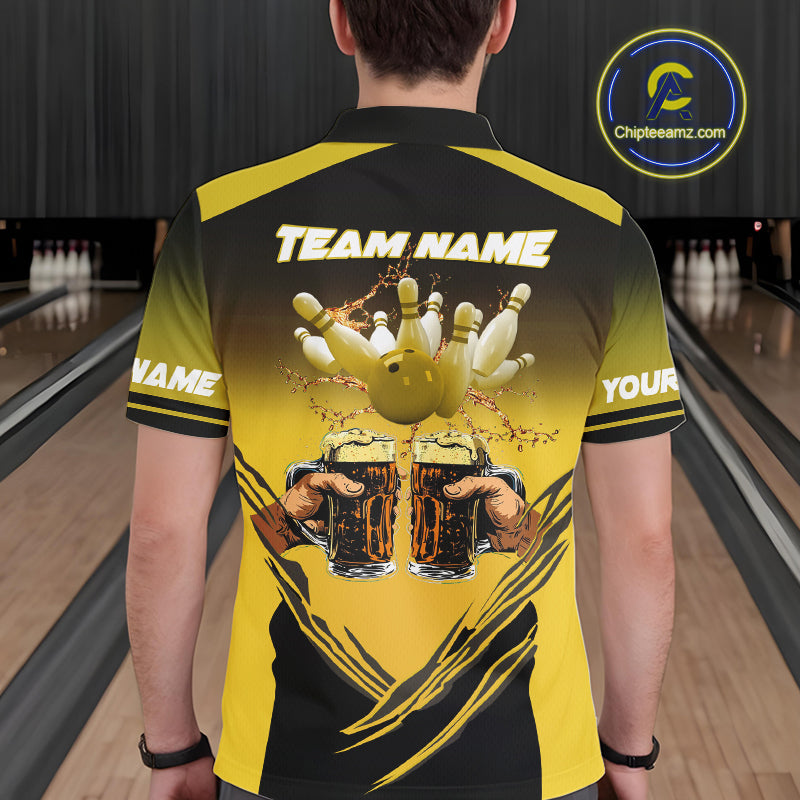 Bowling Beer Black and Yellow Bowling Polo, 1/4 Quarter zip shirts Custom Mens Team Bowling jerseys NQS10875