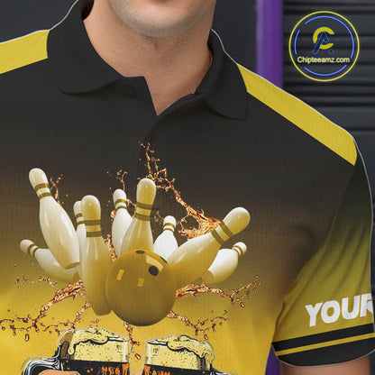 Bowling Beer Black and Yellow Bowling Polo, 1/4 Quarter zip shirts Custom Mens Team Bowling jerseys NQS10875