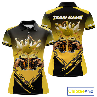 Bowling Beer Black and Yellow Bowling Polo, 1/4 Quarter zip shirts Custom Women Team Bowling jerseys NQS10875