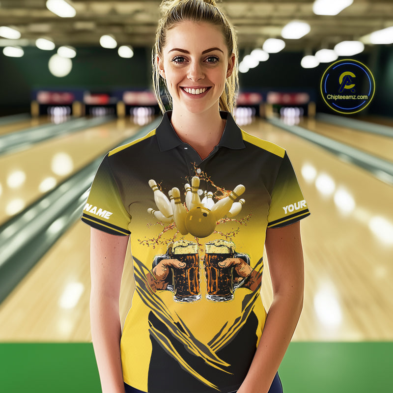 Bowling Beer Black and Yellow Bowling Polo, 1/4 Quarter zip shirts Custom Women Team Bowling jerseys NQS10875