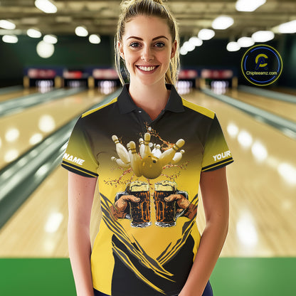 Bowling Beer Black and Yellow Bowling Polo, 1/4 Quarter zip shirts Custom Women Team Bowling jerseys NQS10875
