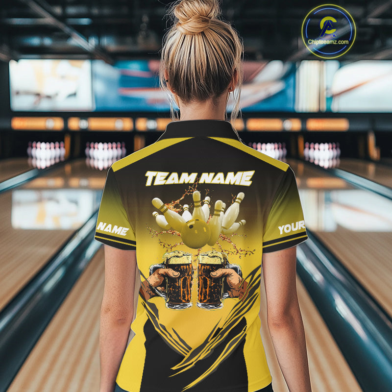 Bowling Beer Black and Yellow Bowling Polo, 1/4 Quarter zip shirts Custom Women Team Bowling jerseys NQS10875
