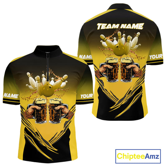 Bowling Beer Black and Yellow Bowling Polo, 1/4 Quarter zip shirts Custom Mens Team Bowling jerseys NQS10875