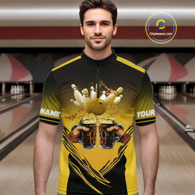 Bowling Beer Black and Yellow Bowling Polo, 1/4 Quarter zip shirts Custom Mens Team Bowling jerseys NQS10875