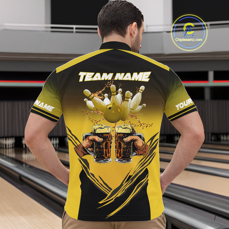 Bowling Beer Black and Yellow Bowling Polo, 1/4 Quarter zip shirts Custom Mens Team Bowling jerseys NQS10875