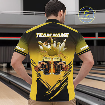 Bowling Beer Black and Yellow Bowling Polo, 1/4 Quarter zip shirts Custom Mens Team Bowling jerseys NQS10875