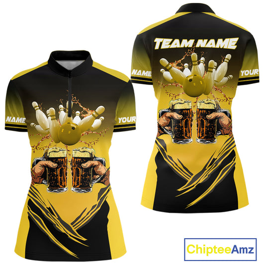 Bowling Beer Black and Yellow Bowling Polo, 1/4 Quarter zip shirts Custom Women Team Bowling jerseys NQS10875