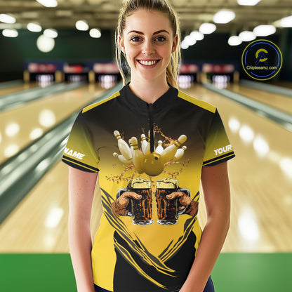 Bowling Beer Black and Yellow Bowling Polo, 1/4 Quarter zip shirts Custom Women Team Bowling jerseys NQS10875