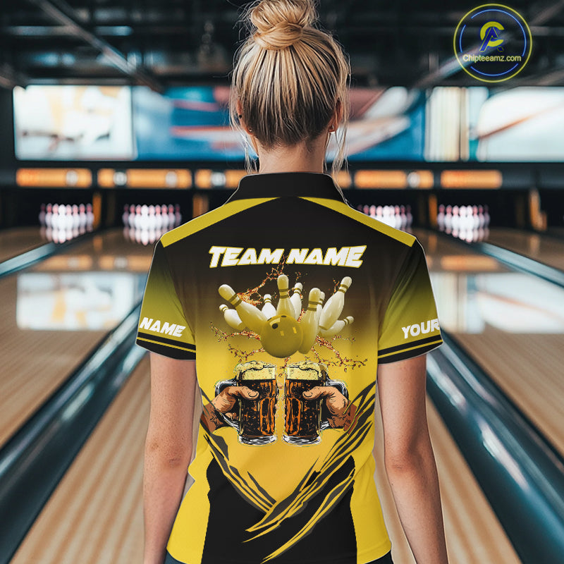 Bowling Beer Black and Yellow Bowling Polo, 1/4 Quarter zip shirts Custom Women Team Bowling jerseys NQS10875
