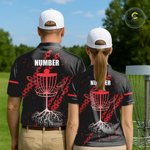Load image into Gallery viewer, Black and Red Hexagon Pattern Disc Golf Polos, T-Shirt, Hoodies custom Team disc golf jerseys NQS11456