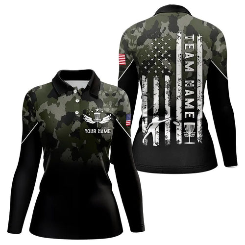 Black Green Camo Women Disc golf polo shirts custom American Flag patriotic team disc golf jerseys NQS9522
