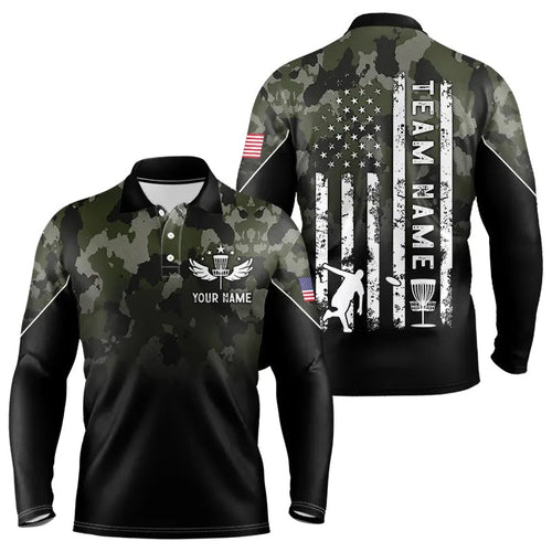 Black Green Camo Mens Disc golf polo shirts custom American Flag patriotic team disc golf jerseys NQS9522
