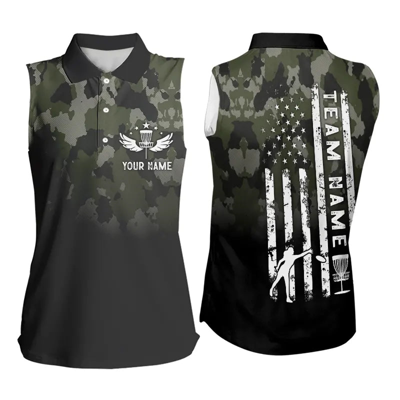 Black Green Camo Womens sleeveless polo shirt custom American Flag patriotic team disc golf jerseys NQS9522