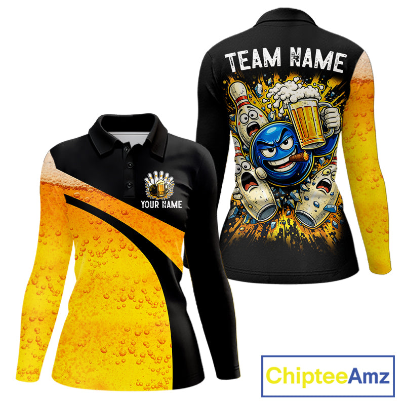 Custom Yellow Funny Beer Bowling Jersey for Women Bowling Uniform Polo & 1/4 Zip Bowling Team Shirts NQS11646