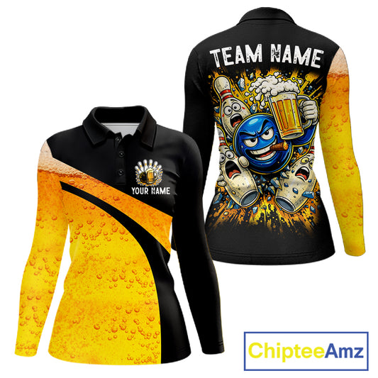 Custom Yellow Funny Beer Bowling Jersey for Women Bowling Uniform Polo & 1/4 Zip Bowling Team Shirts NQS11646