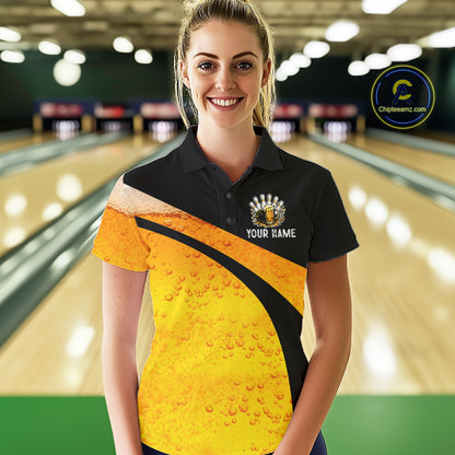 Custom Yellow Funny Beer Bowling Jersey for Women Bowling Uniform Polo & 1/4 Zip Bowling Team Shirts NQS11646