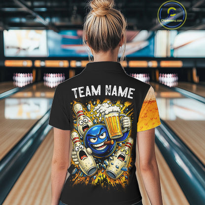 Custom Yellow Funny Beer Bowling Jersey for Women Bowling Uniform Polo & 1/4 Zip Bowling Team Shirts NQS11646