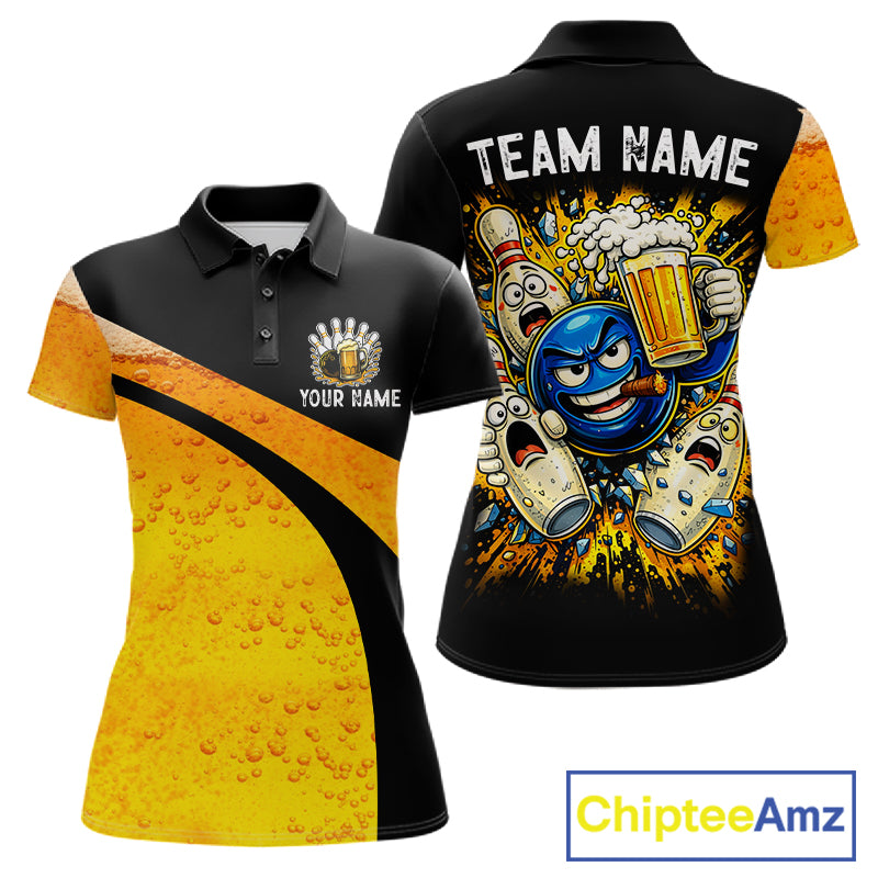 Custom Yellow Funny Beer Bowling Jersey for Women Bowling Uniform Polo & 1/4 Zip Bowling Team Shirts NQS11646