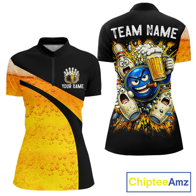 Custom Yellow Funny Beer Bowling Jersey for Women Bowling Uniform Polo & 1/4 Zip Bowling Team Shirts NQS11646