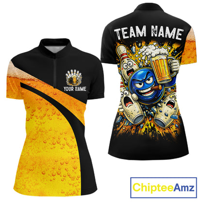 Custom Yellow Funny Beer Bowling Jersey for Women Bowling Uniform Polo & 1/4 Zip Bowling Team Shirts NQS11646
