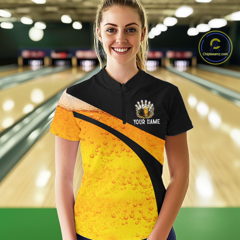 Custom Yellow Funny Beer Bowling Jersey for Women Bowling Uniform Polo & 1/4 Zip Bowling Team Shirts NQS11646