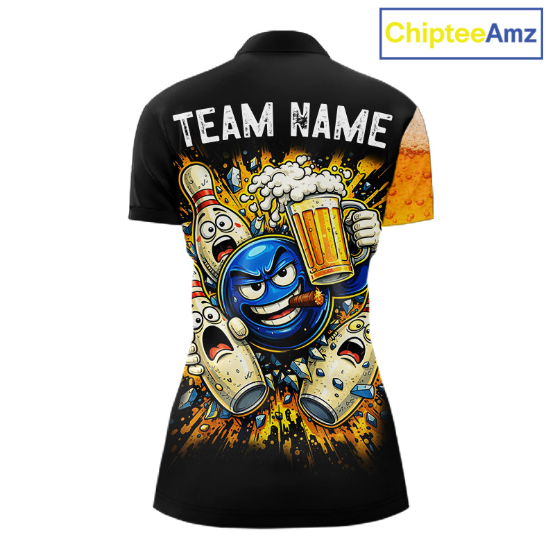 Custom Yellow Funny Beer Bowling Jersey for Women Bowling Uniform Polo & 1/4 Zip Bowling Team Shirts NQS11646