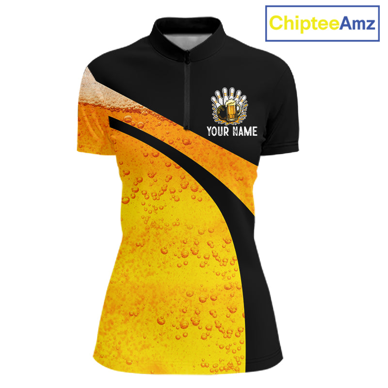 Custom Yellow Funny Beer Bowling Jersey for Women Bowling Uniform Polo & 1/4 Zip Bowling Team Shirts NQS11646