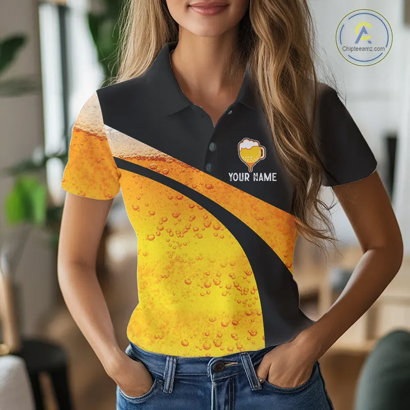 Custom Yellow Funny Beer Golf Polo Shirts For Women, golf outfits for ladies, Personalized golf gifts NQS11647