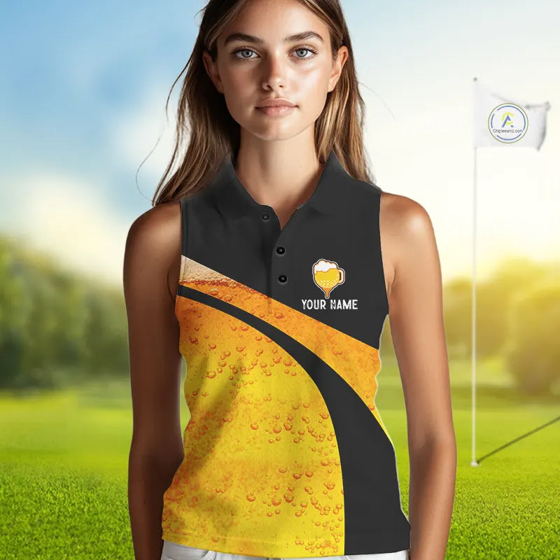 Custom Yellow Funny Beer sleeveless Golf Shirt For Women, golf outfits for ladies NQS11647