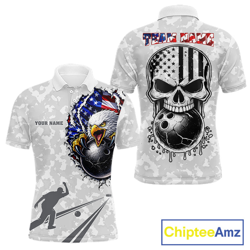Personalized American Flag Skull Eagle Camo Bowling Team Shirts For Men, Patriotic Bowling Outfits NQS11648