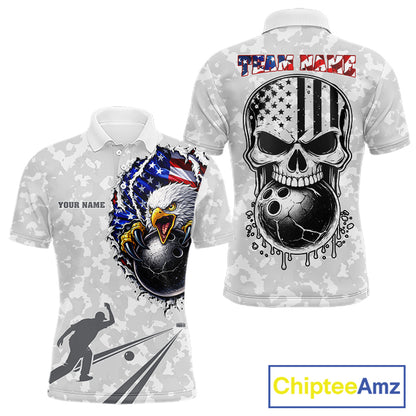 Personalized American Flag Skull Eagle Camo Bowling Team Shirts For Men, Patriotic Bowling Outfits NQS11648