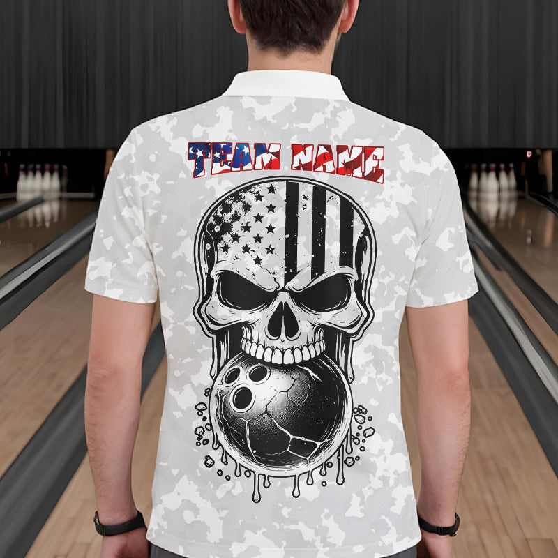 Personalized American Flag Skull Eagle Camo Bowling Team Shirts For Men, Patriotic Bowling Outfits NQS11648
