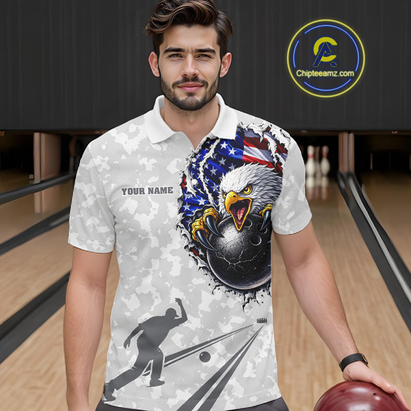 Personalized American Flag Skull Eagle Camo Bowling Team Shirts For Men, Patriotic Bowling Outfits NQS11648